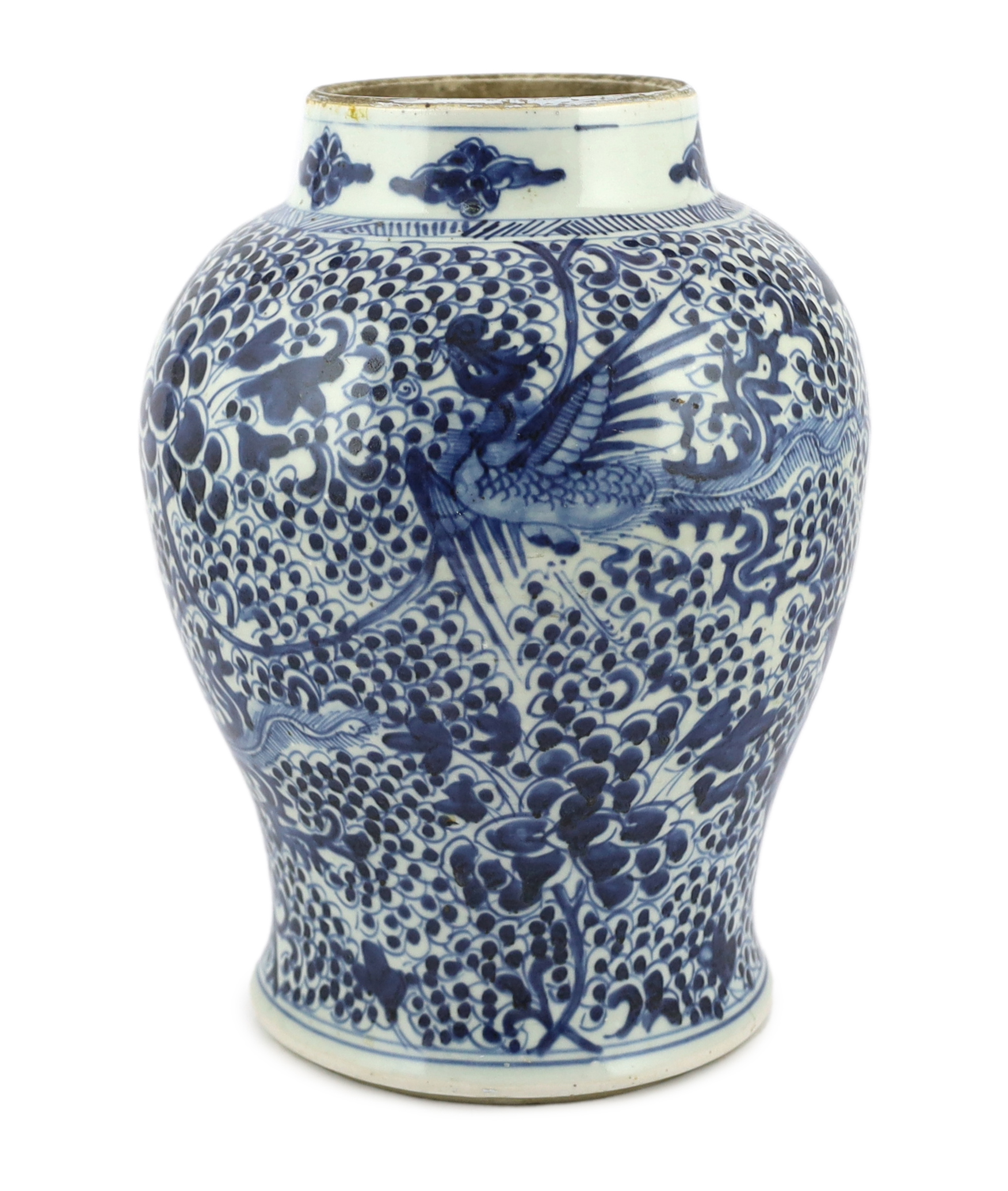 A Chinese blue and white 'Phoenix' baluster vase, Kangxi period, star crack to body